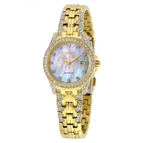 Citizen Silhouette Crystal Mother of Pearl Dial Gold-Tone Ladies Watch EW1222-84D