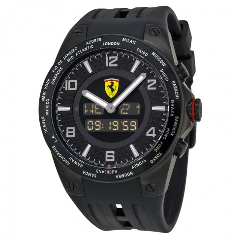Ferrari World Time Carbon Fiber Dial Multinfuction Rubber Strap Men's Watch FE-05-IPB-FC