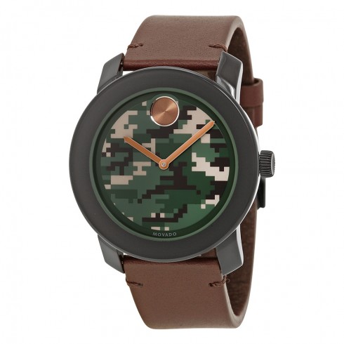 Movado Bold Camouflage-Print Dial Brown Leather Strap Black Stainless Steel Men's Quartz Watch 3600302