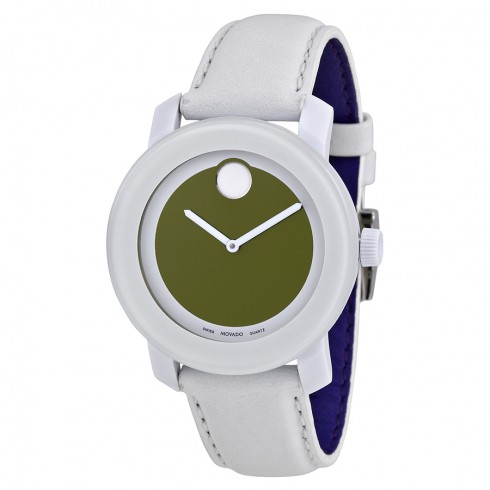 Movado Bold Green Dial White Leather Strap Ladies Watch 3600051