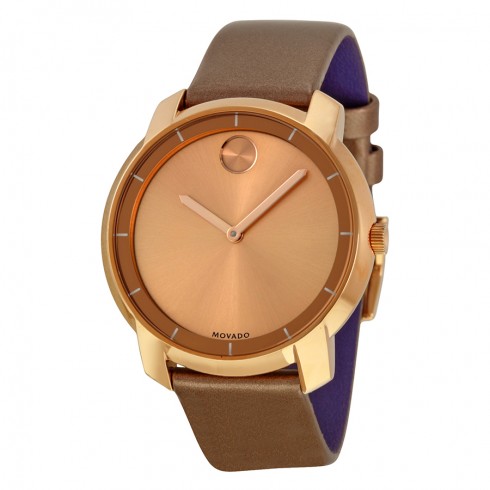 Movado Bold Rose Dial Pearlized Mocha Leather Ladies Quartz Watch 3600313