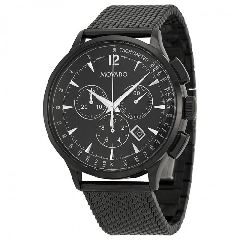 Movado Circa Chronograph Black Dial Black PVD Mesh Men's Watch 0606804