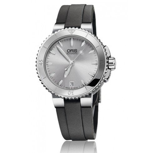 Oris Aquis Date Silver Dial Dark Grey Textile Ladies Watch 01 733 7652 4141-07 5 18 14FC