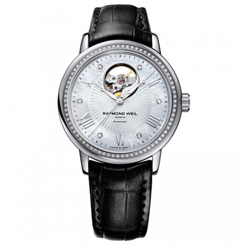 Raymond Weil Maestro Mother of Pearl Dial Black Leather Ladies Watch 2827-LS1-00966