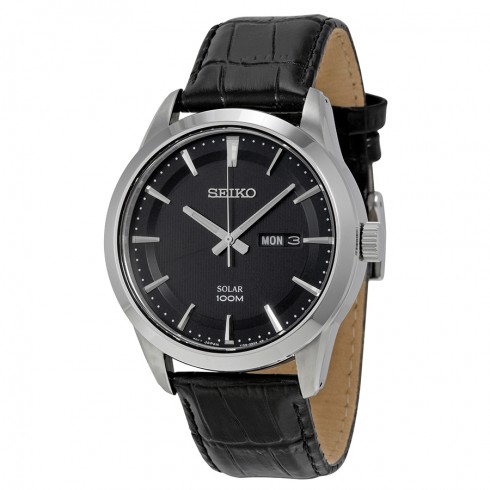 Seiko Solar Black Dial Black Leather Men's Watch SNE363P2