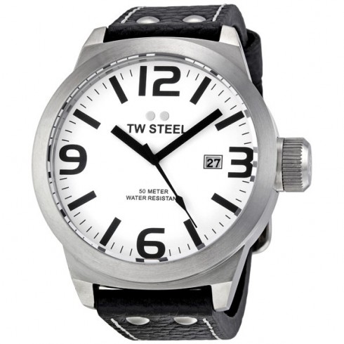 TW Steel Icon 50 MM White Dial Black Leather Strap Men's Watch TW621