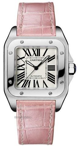 Cartier SANTOS 100 MM - MIDSIZE STAINLESS STEEL w/ PINK CROCO STRAP watches