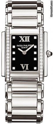 Patek Philippe 4910/10A LADIES' TWENTY-4 STAINLESS STEEL BLACK DIAMOND DIAL watches