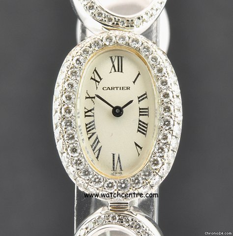 Cartier 18k W/G Silver Dial Fully Diamond Loaded Ladies Baignoire watches