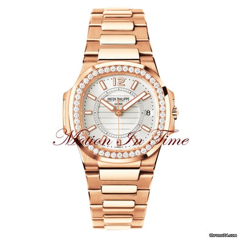 Replica Patek Philippe Ladies' Nautilus Diamond Rose Gold on Bracelet Silver Dial Watch