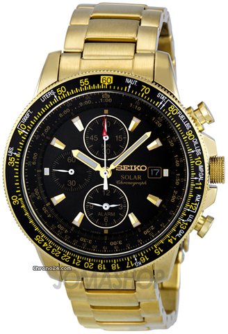 Seiko Flight Black Dial Gold Tone Stainless Steel Mens Watch SSC008 watches