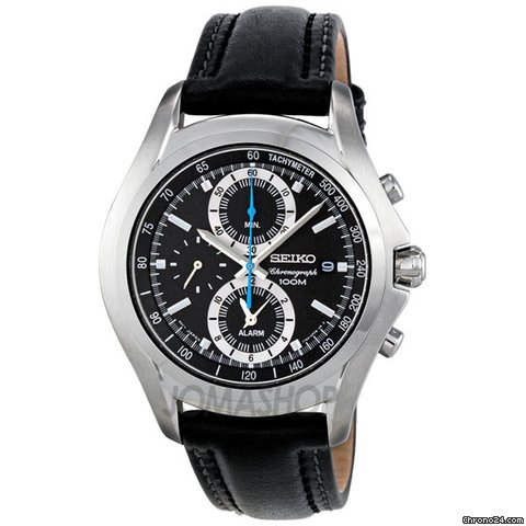 Seiko Black Dial Chronograph Black Leather Strap Mens Watch SNAE85 watches