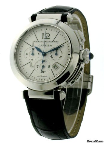 Cartier Pasha 42mm Chronograph Mens steel leder W3108555 watches