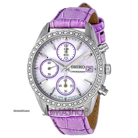 Seiko Chronograph Mother of Pearl Dial Pink Leather Strap Ladies Watch SNDY17 watches