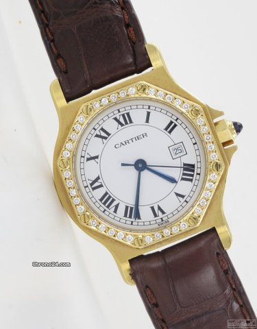 Cartier Santos Oktogonale 18k Gelbgold mit Lederband Diamanten watches