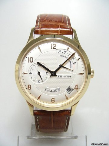 Zenith Elite HW yellow gold/or jaunes power reserver cadran silver dial watches