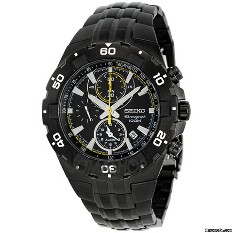 Seiko Stainless Steel Black Dial Chronograph Alarm Mens Watch SNAD37 watches