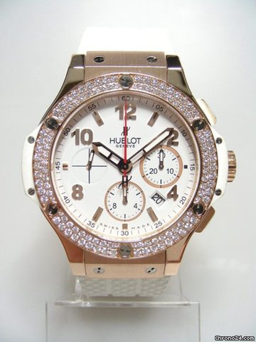 Hublot Big Bang 44mm chronographe or rose gold/rubber lunette full diamants/diamonds bezel cadran blanc/white dial watches