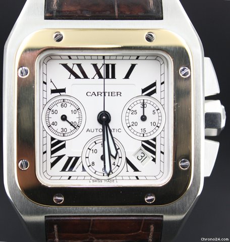 Cartier Santos 100 XL Chronograph Bi-Color Croco strap white dial watches