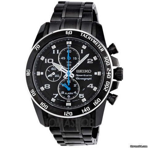 Seiko Sportura Black Dial Chronograph Stainless Steel Mens Watch SNAE77 watches