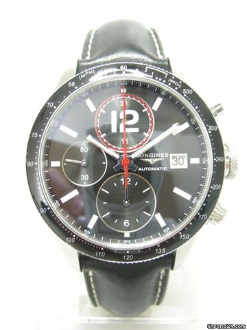 Longines Grande Vitesse chronographe steel/acier sur cuir cadran noir/black dial watches