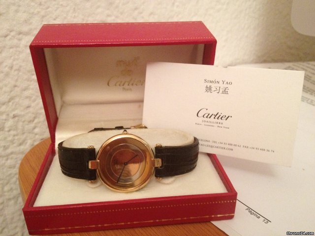 Cartier VLC Must Vermeil Grand Model Esfera 3 oros Correa negra piel watches