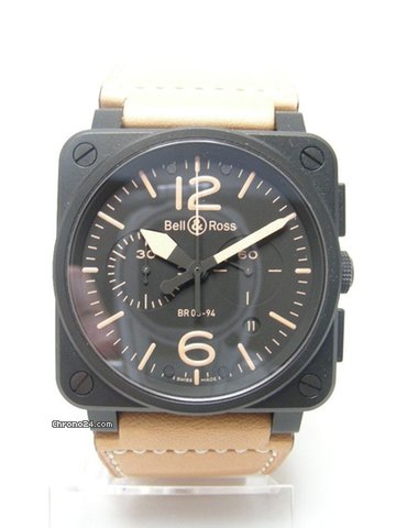 Bell & Ross Aviation BR03-94S chronographe "Military" PVD steel/acier sur cuir cadran noir/black dial watches