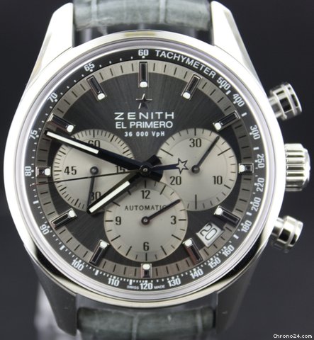 Zenith El Primero 36'000VpH Chronograph, steel crocodile strap watches