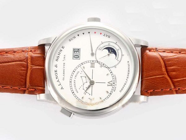A.Lange Sohne Lange 1 Moonphase 119.026 Stainless Steel Bezel Mens Brown Cow Leather Strap Watch watches