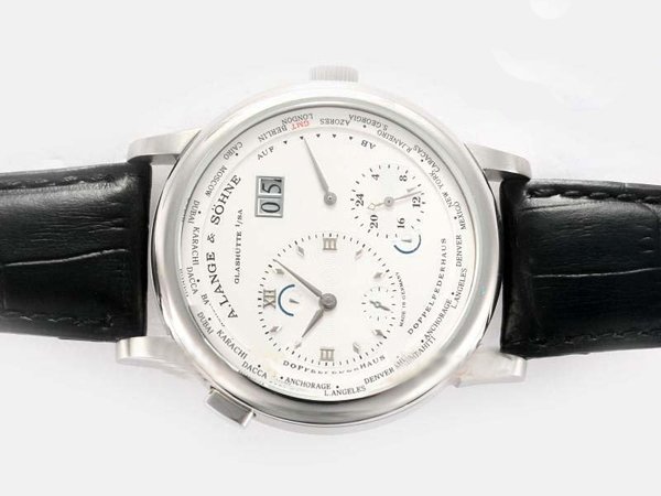 A.Lange Sohne Lange 1 Time Zone 116.025 Round Mens Black Cow Leather Strap Watch watches