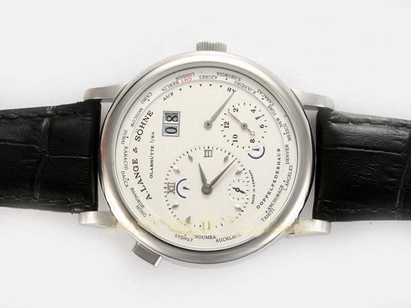 A.Lange Sohne Lange 1 Time Zone 116.026 White Dial Round Black Cow Leather Strap Watch watches