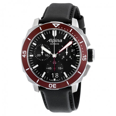Alpina Seastrong Diver 300 Big Date Chronograph Black Dial Black Leather Men's Watch AL-372LBBRG4V6 watches