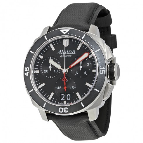 Alpina Seastrong Diver 300 Big Date Chronograph Black Dial Black Leather Men's Watch AL-372LBG4V6 watches