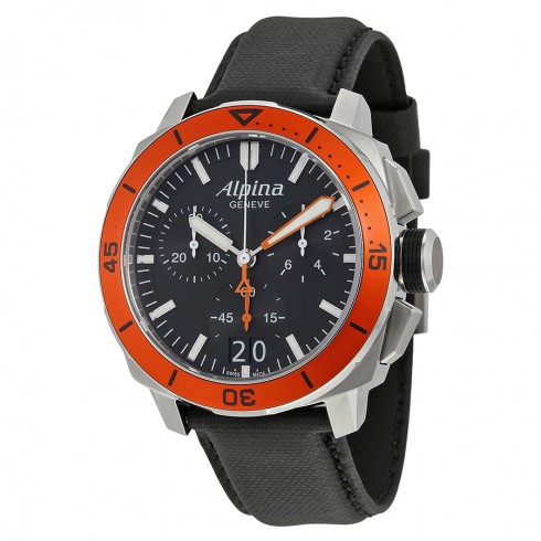 Alpina Seastrong Diver 300 Big Date Chronograph Black Dial Black Leather Men's Watch AL-372LBO4V6 watches