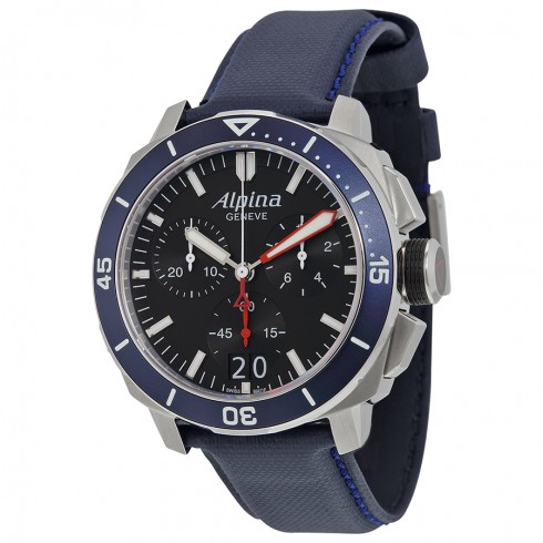 Alpina Seastrong Diver 300 Big Date Chronograph Black Dial Navy Leather Men's Watch AL-372LBN4V6 watches