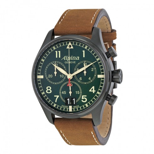 Alpina Startimer Pilot Chronograph Green Dial Brown Leather Men's Watch AL-372GR4FBS6 watches