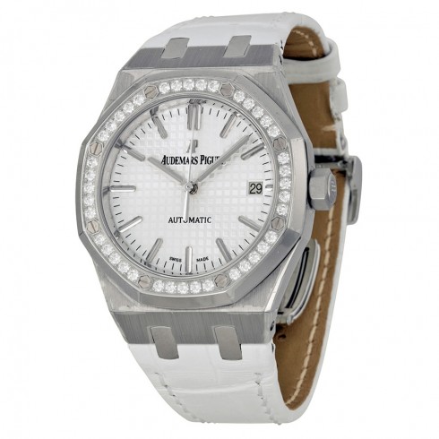 Audemars Piguet Royal Oak Automatic Diamond Silver Dial White Leather Ladies Watch 15451ST.ZZ.D011CR.01 watches