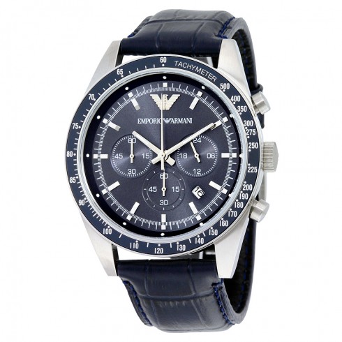 Armani Navy Blue Dial Chronograph Black Leather Men's Watch AR6089 watches