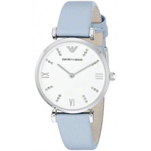 Armani Silvery White Dial Pale Blue Leather Ladies Watch AR1928 watches