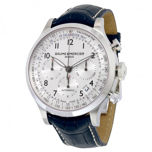 Baume and Mercier Capeland Silver Dial Chronograph Blue Leather Men's Watch 10063 watches