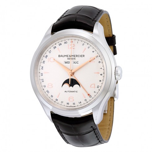 Baume and Mercier Clifton Silver Dial Moonphase Black Alligator Leather Men's Watch 10055 watches