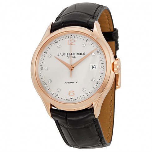 Baume and Mercier Clifton Silver Diamond Dial 18kt Rose Gold Black Alligator Leather Men's Watch 10104 watches