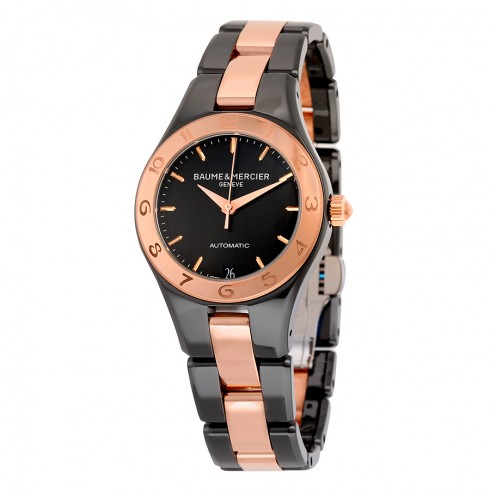 Baume et Mercier Linea Black Dial Ceramic and Rose Gold-Plated Stainless Steel Automatic Ladies Watch MOA10069 watches