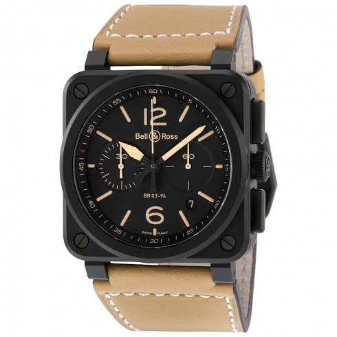 Bell and Ross Heritage Chronograph Black Dial Beige Leather Men's Watch BR0394-HERI-CE watches