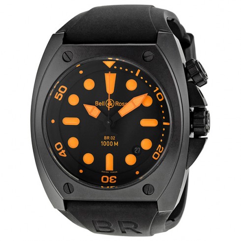 Bell and Ross Marine Black Dial Orange Index Rubber Men's Watch BR0292-ORANGE watches