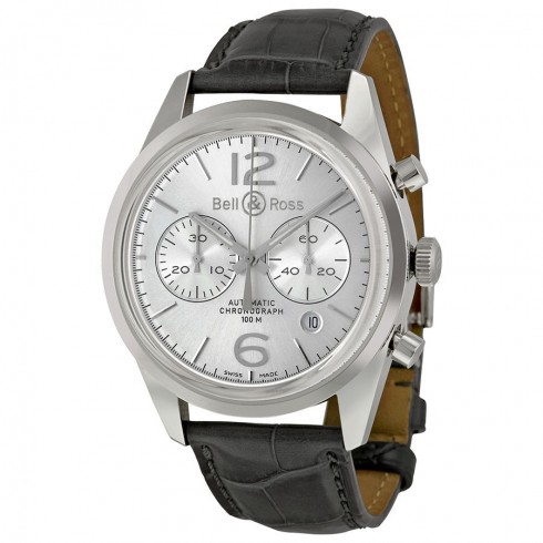 Bell and Ross Vintage Officer Silver Dial Stainless Steel Grey Leather Men's Watch BRG126-WH-ST-SCR watches