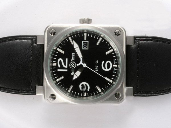 Bell Ross BR01-96 Big Date BR01-96 Black Black Cow Leather Strap Black Dial Watch watches