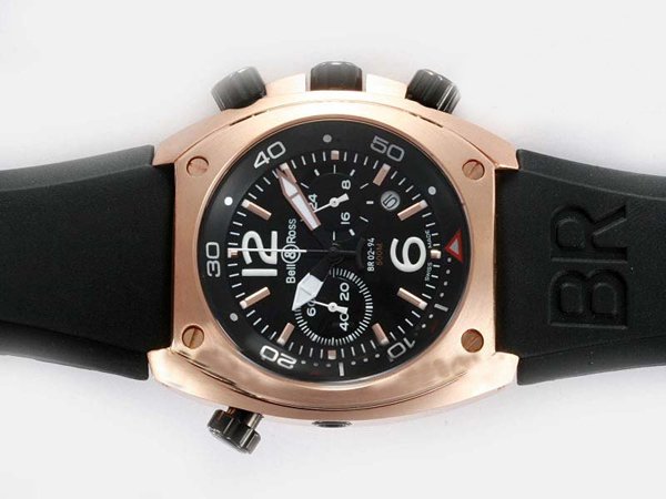 Bell Ross Chronograph BR02-92 Pink Gold 44mm Midsize Black Rubber Strap Watch watches