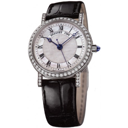 Breguet Classique Mother of Pearl Dial 18kt White Gold Diamond Black Leather Ladies Watch 8068BB52964DD00 watches