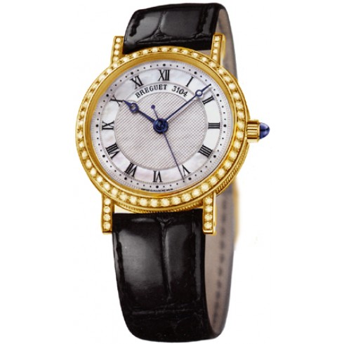 Breguet Classique Mother of Pearl Dial 18kt Yellow Gold Diamond Black Leather Ladies Watch 8068BA52964DD00 watches